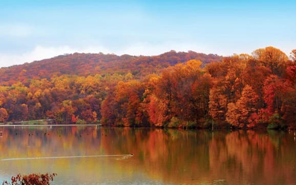 A serene lake surrounded by colorful autumn foliage and a clear blue sky.