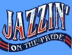 Text design featuring "JAZZIN' ON THE PRIDE" in bold, colorful typography against a blue background.