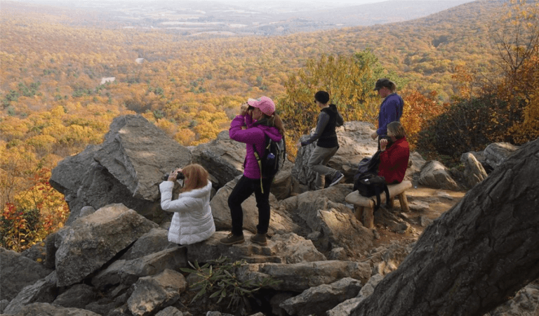 A group of people taking photos on a rocky overlook with a colorful autumn landscape in the background.