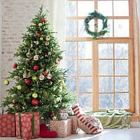 A decorated Christmas tree near a window, surrounded by wrapped gifts and a festive wreath.
