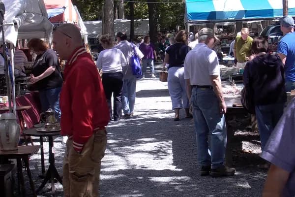 A bustling outdoor market with people browsing stalls under colorful tents.