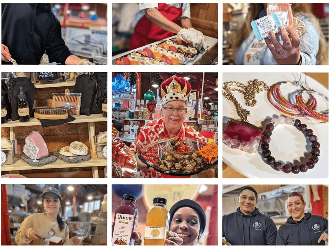A vibrant collage showcasing various vendors and products at a marketplace, featuring food, crafts, and local goods.