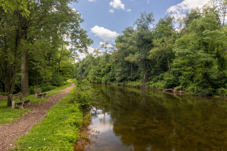 A serene riverbank lined with greenery and benches under a partly cloudy sky.