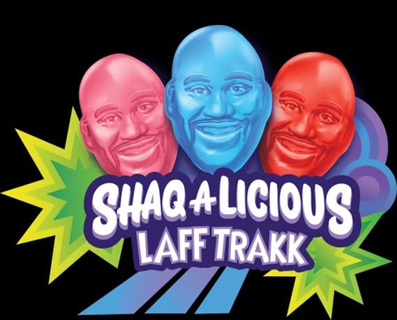 Colorful logo featuring three cartoonish faces resembling a smiling man, with the text "SHAQ-A-LICIOUS LAFF TRAKK."