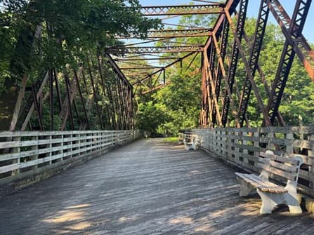 A wooden bridge with metal supports is surrounded by trees, featuring benches along the pathway.