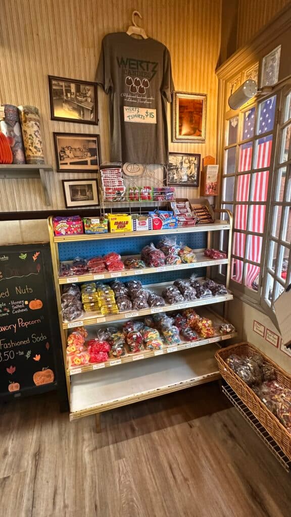 A display of assorted candies on shelves in a cozy shop, with a T-shirt hanging above.