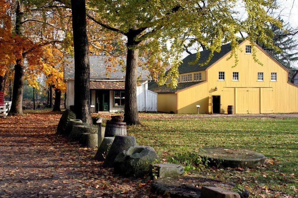 A scenic view of a yellow barn and a white building surrounded by autumn leaves and trees.