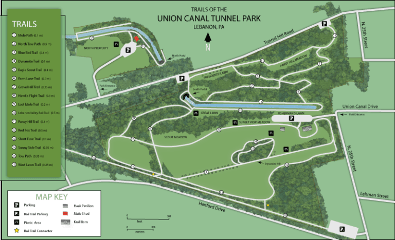 Map of the trails at Union Canal Tunnel Park in Lebanon, PA, indicating various paths and landmarks.