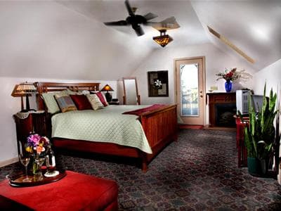 A cozy attic bedroom featuring a large bed, decorative pillows, a door leading outside, and greenery.