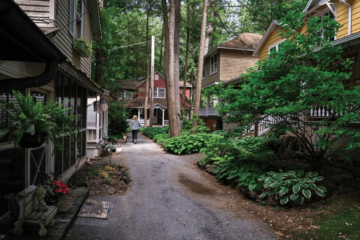 A person walks along a gravel path lined with greenery and houses in a wooded area.