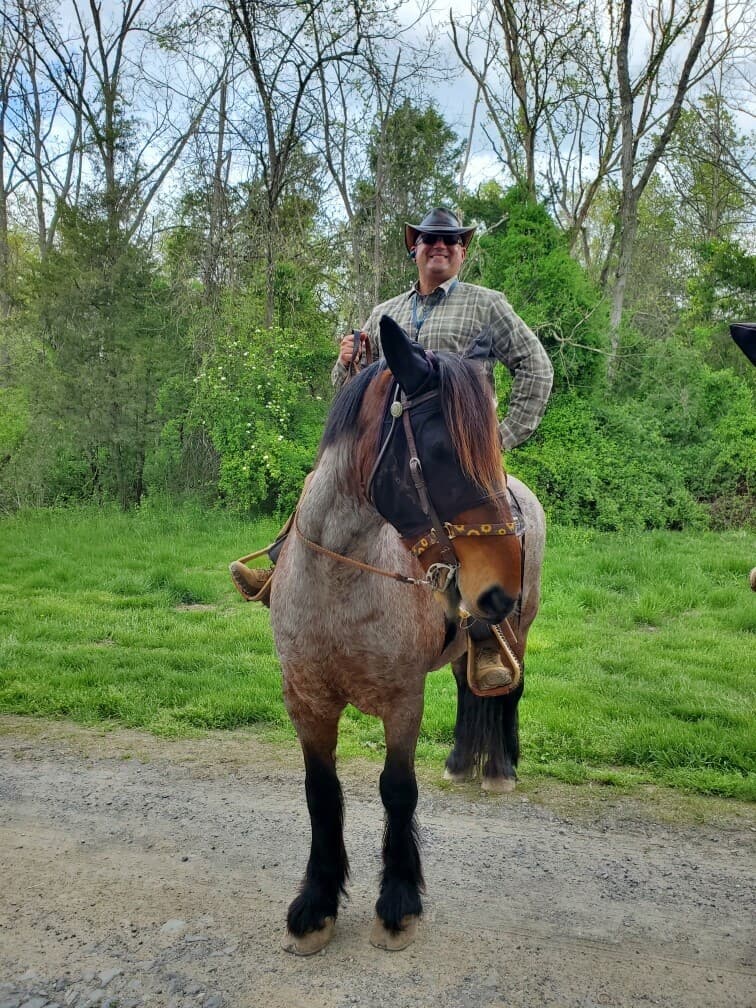 A cowboy in a hat rides a brown horse in a green, wooded area.