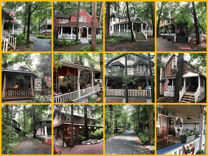 A collage of quaint, forested homes with porches, surrounded by lush greenery.