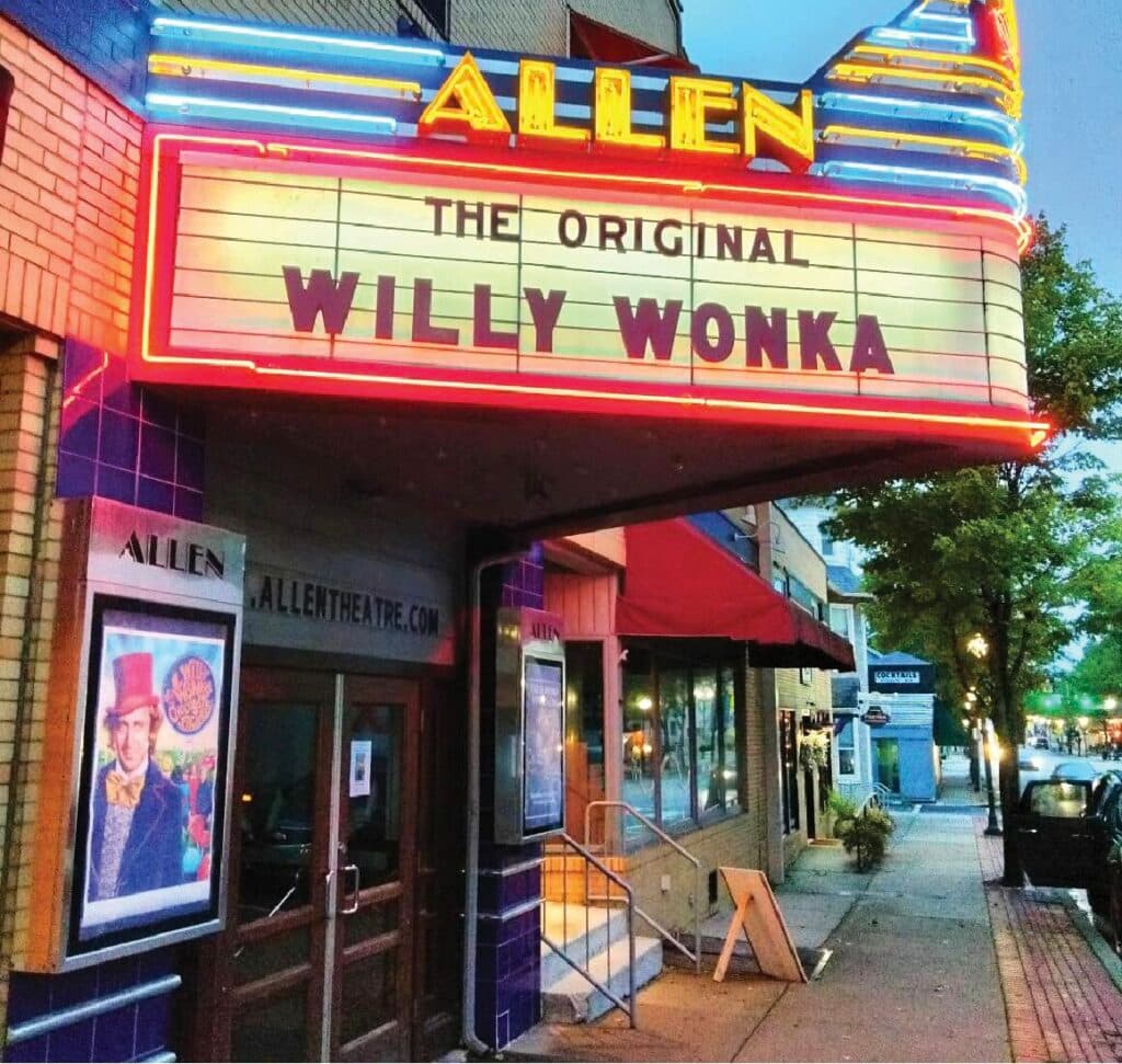 Neon-lit marquee of the Allen Theatre advertising "The Original Willy Wonka."