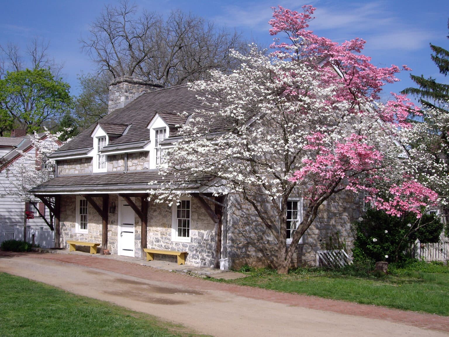 A stone house with a sloped roof, framed by blooming pink and white trees, set in a green landscape.