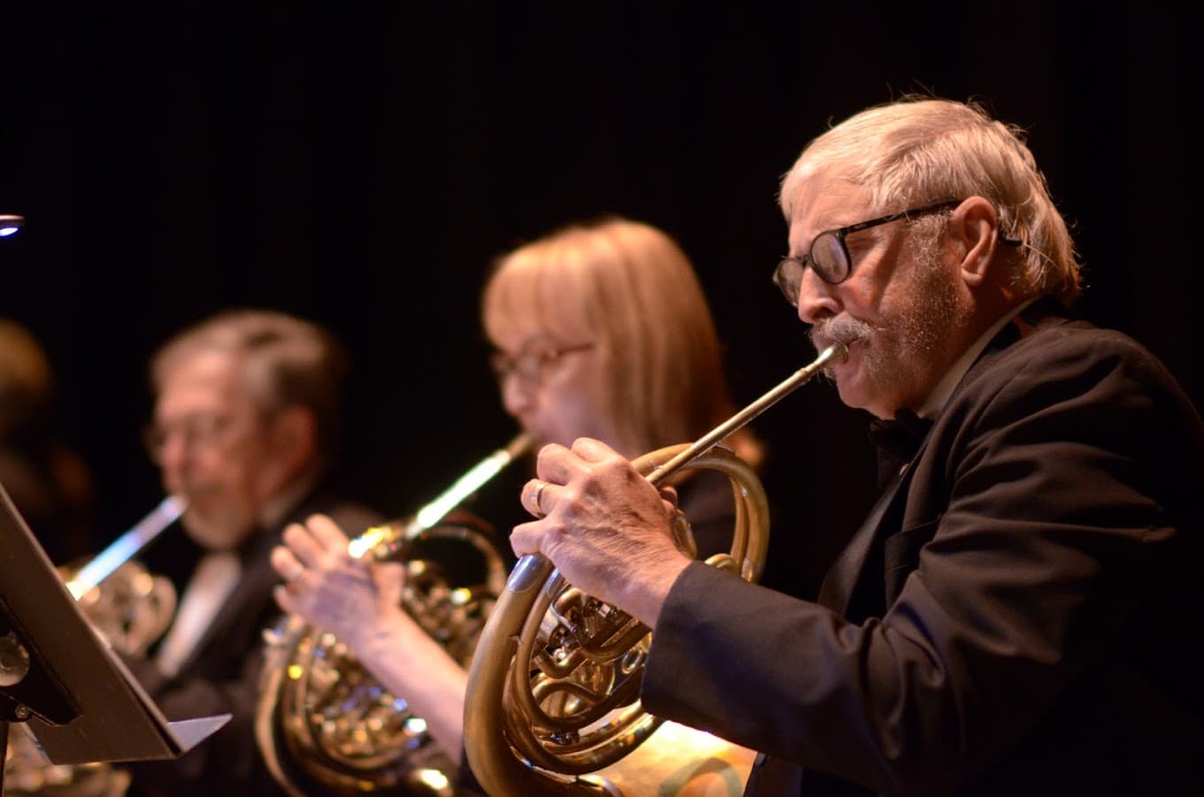 Musicians playing French horns in a dimly lit concert setting.