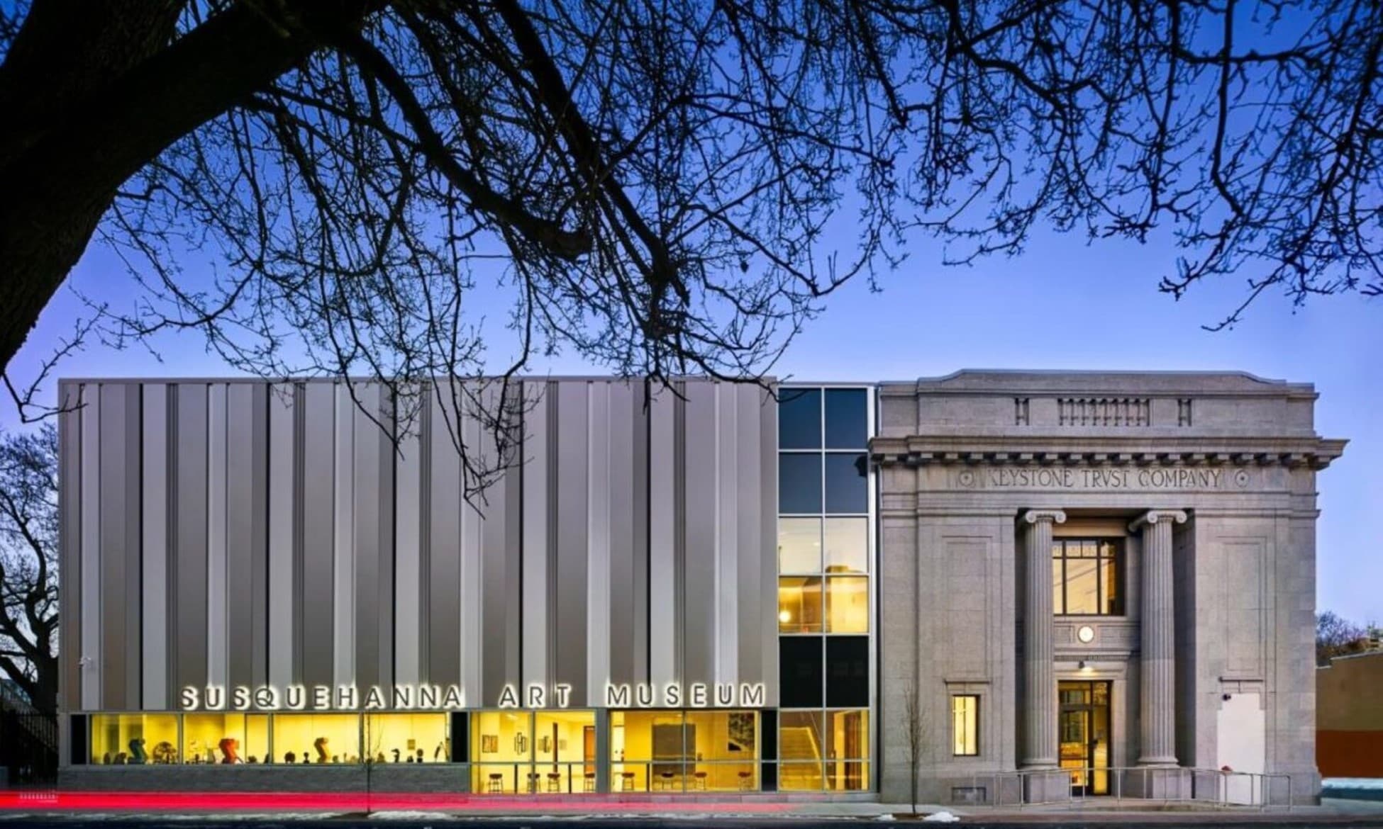 The exterior of the Susquehanna Art Museum, featuring modern and classical architectural elements.