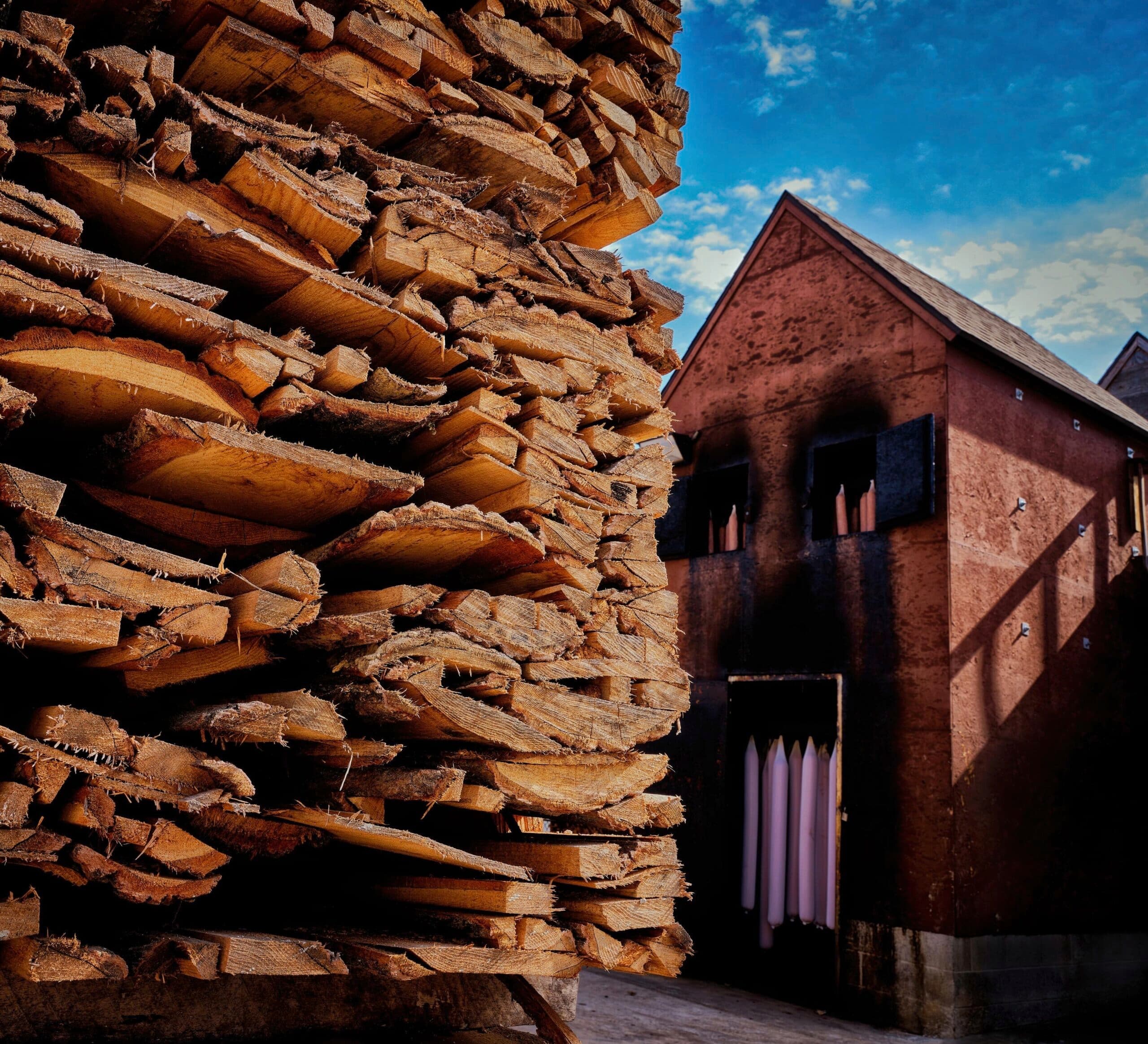 Stacked wooden planks in front of a rustic building under a blue sky.