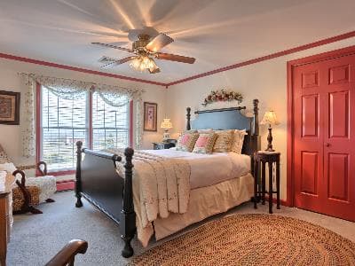 Cozy bedroom with a black bed, colorful pillows, and a red accent wall.