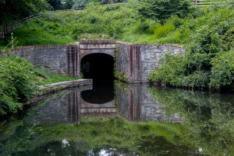 A dark tunnel entrance reflects in a calm body of water surrounded by lush greenery.