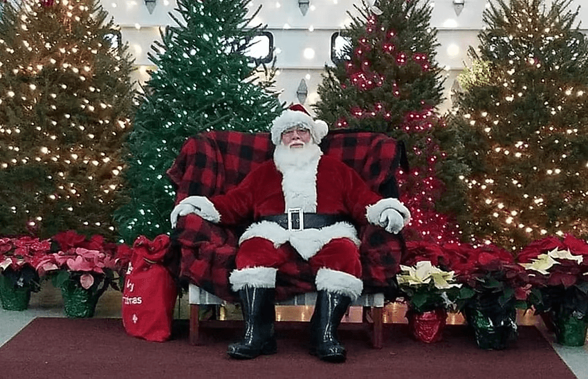 Santa Claus sits on a chair surrounded by Christmas trees and festive decorations.