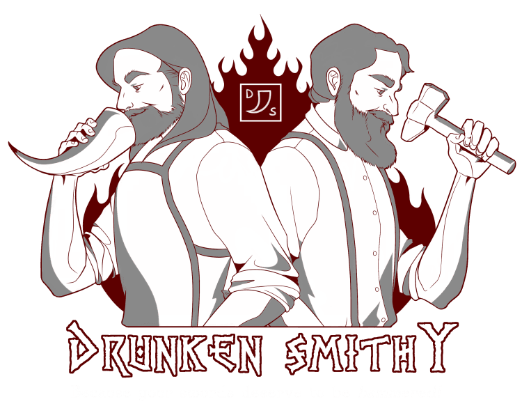 Illustration of two bearded characters back-to-back, one holding a hammer and the other a large spoon, with the text "Drunken Smithy" prominently displayed.
