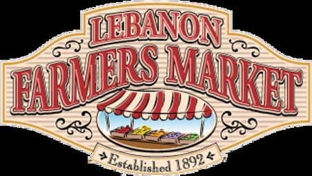 Logo of the Lebanon Farmers Market, established in 1892, featuring a striped canopy and colorful produce.