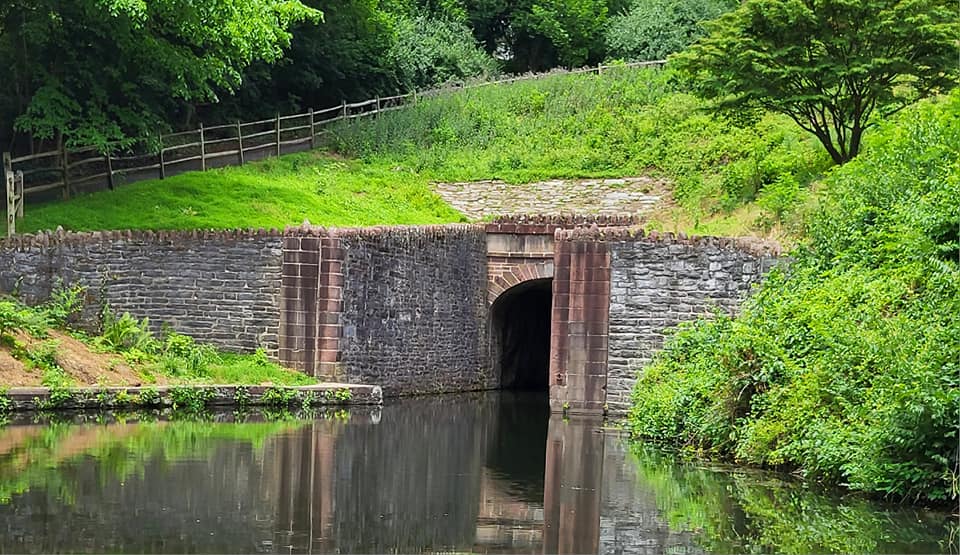 A stone tunnel entrance reflects in a calm body of water, surrounded by lush greenery and a fence.