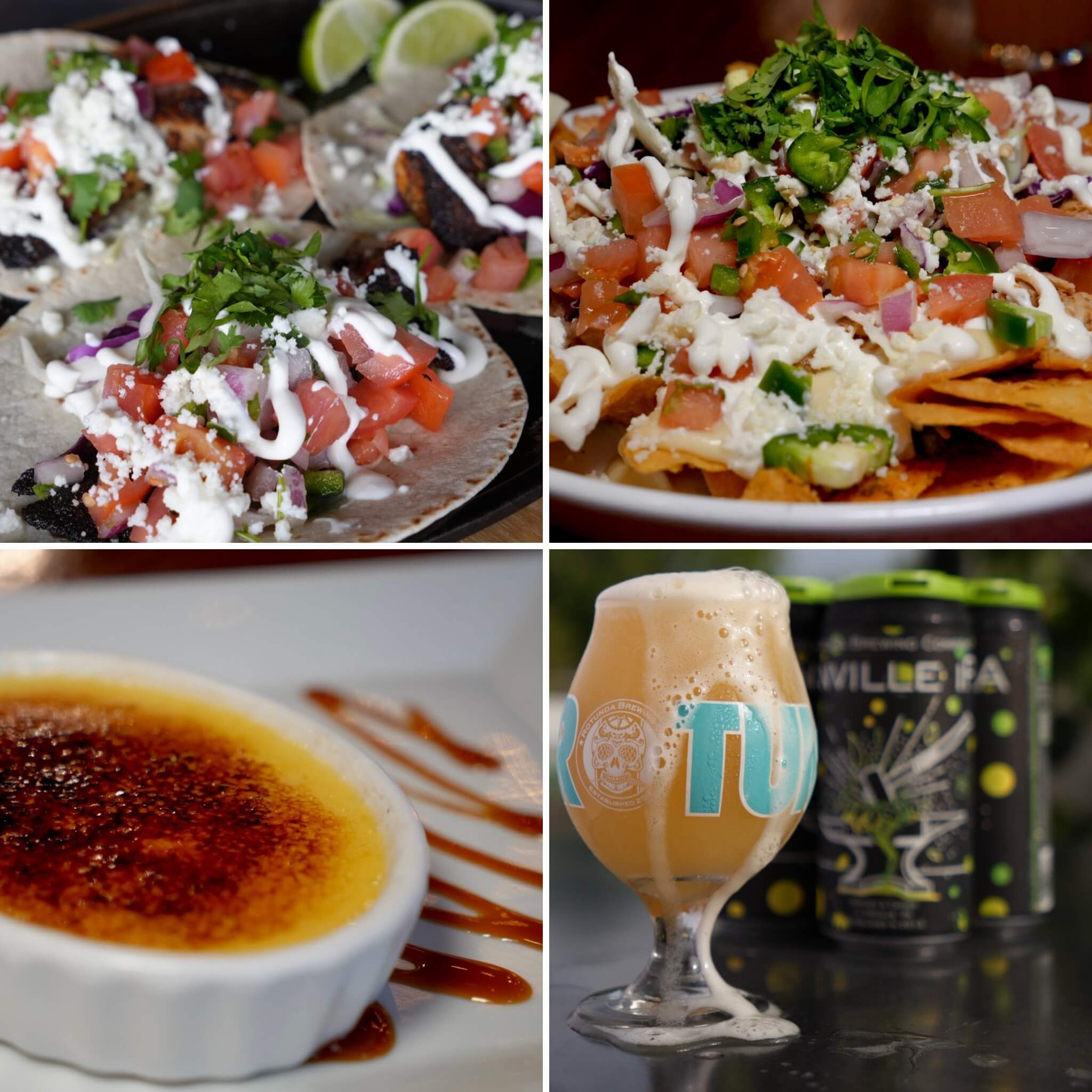 A vibrant spread of tacos, nachos, crème brûlée, and craft beer.