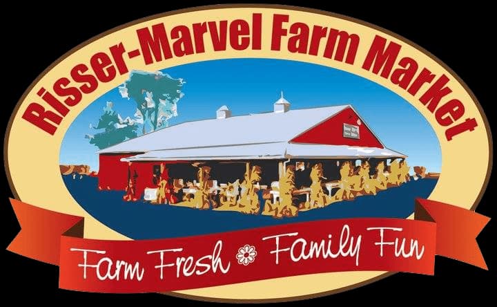 Logo of Risser-Marvel Farm Market featuring a farm building and the slogan "Farm Fresh Family Fun."