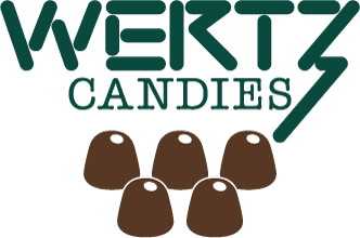 Logo for Wertz Candies featuring the brand name and five chocolate candies.