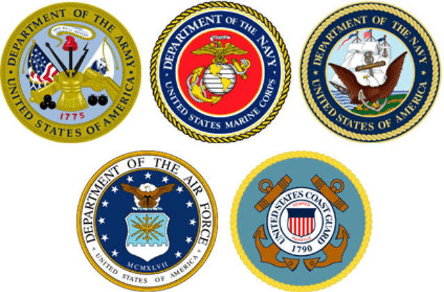 Five military service branch emblems of the United States: Army, Navy, Marine Corps, Air Force, and Coast Guard.