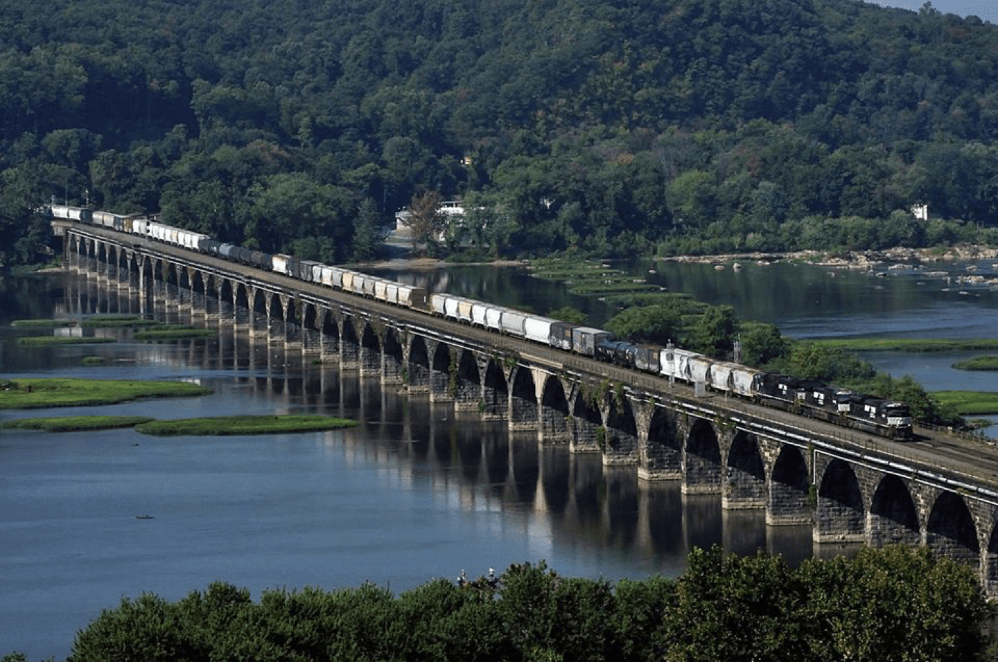 A train crosses a stone arch bridge over a river, surrounded by lush greenery.