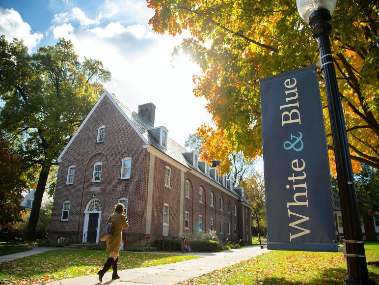 college campus with brick building and light post banner saying "white and blue"