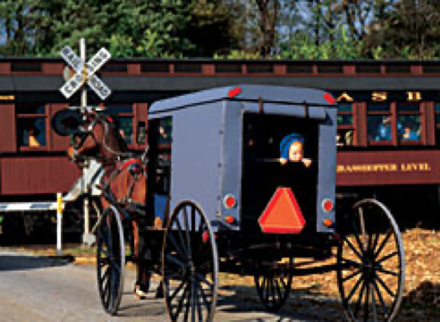 Amish buggy at railroad crossing