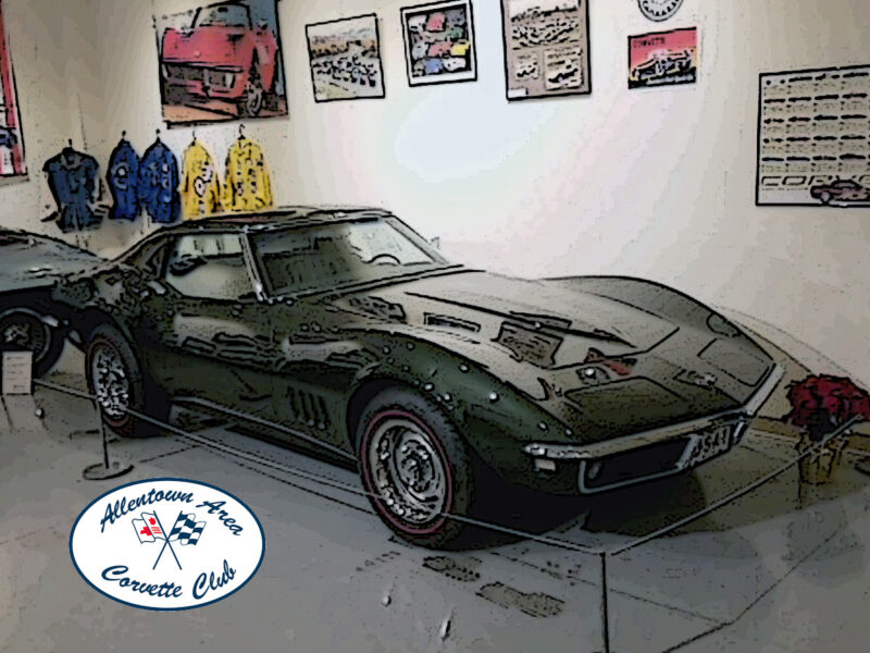 Image of a display of a black Corvette automobile and an artistic background showing Corvette jackets the driver or passenger might wear.