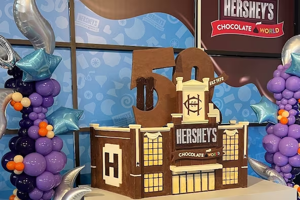 Image shows the food sculpture made of chocolate:  An image of the old Hershey Chocolate Factory with two big numerals sticking out of it: "5-0" to represent 50 years of Hershey's Chocolate World and heralds in a New Experience at Chocolate World.