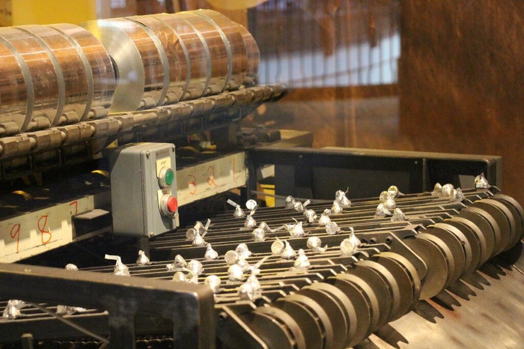 Showing a chocolate factory machine pulling Hershey's Chocolate Kisses through a wrapping process. The Kisses are wrapped in a silver foil.