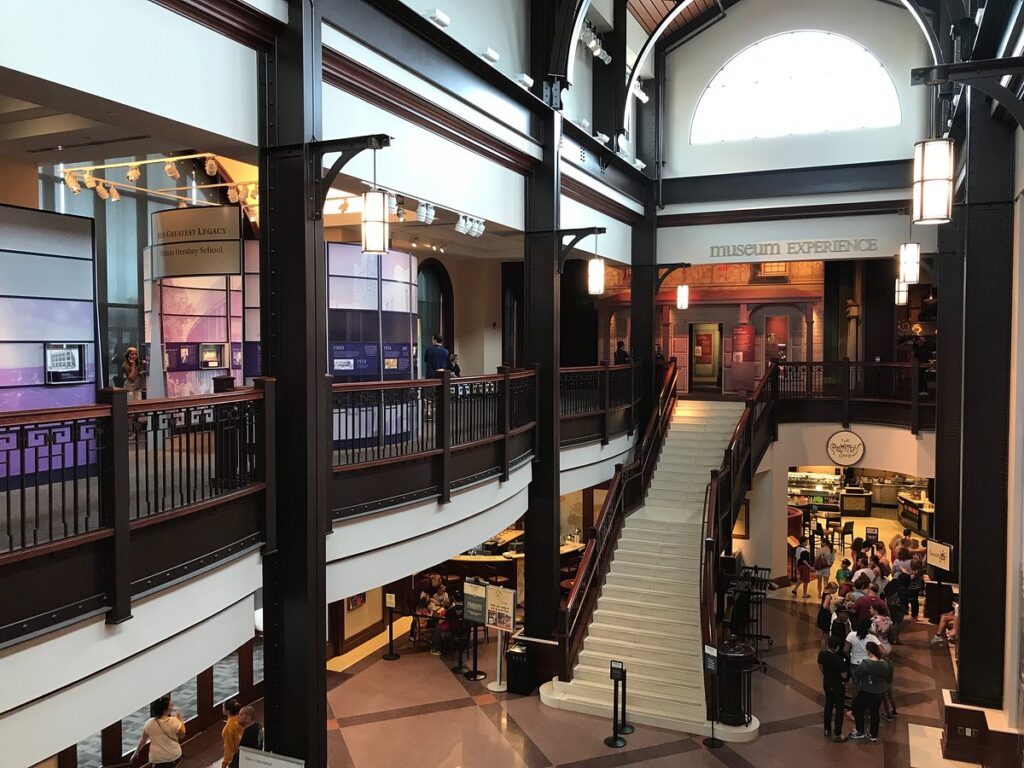 Image shows the main floor, a large stair case and the upper floor inside the Hershey Story Museum.