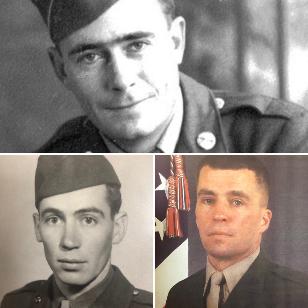 Photo shows three images. First two are of young soldiers going off to war during WWII.  Third photograh shows present day U.S. Marine who has served multiple duty stations around the world.  The WWII soldiers are the Innkeepers' fathers. The young man that is a U.S. Marine is their nephew.