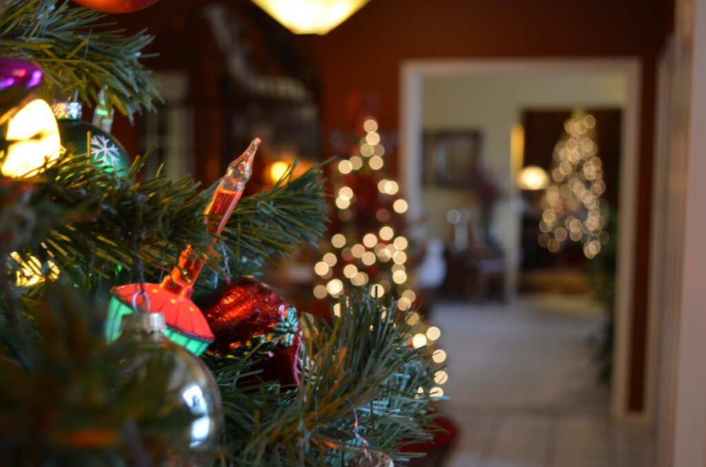 Christmas Tree ornaments with Christmas lights in a unfocused background. Your Christmas Bed and Breakfast Hershey.