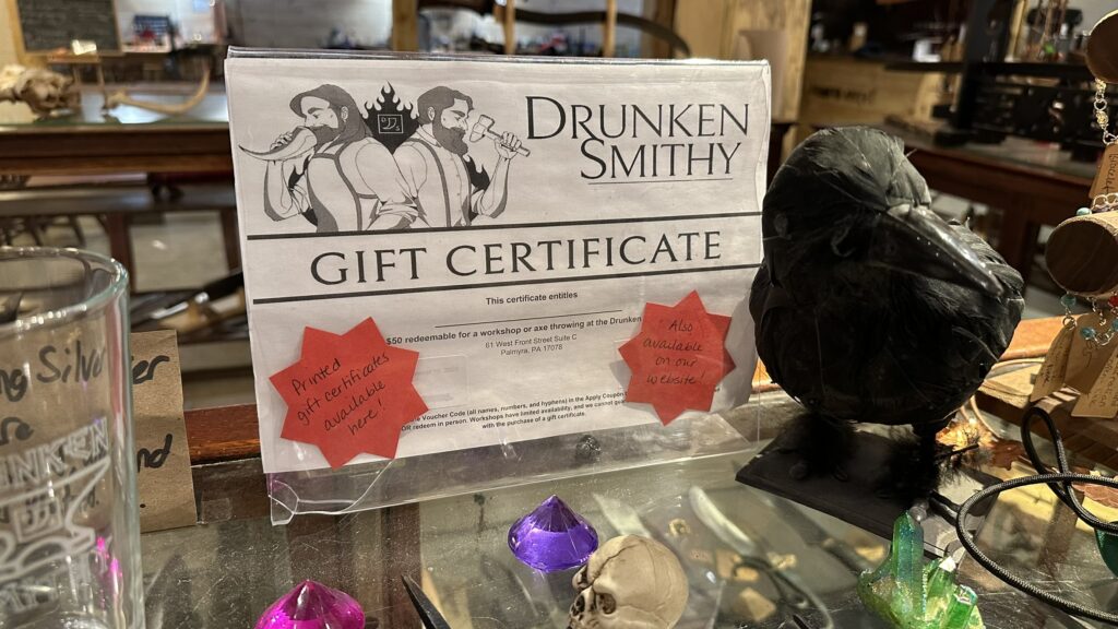 Photo of a gift certificate for the Drunken Smithy