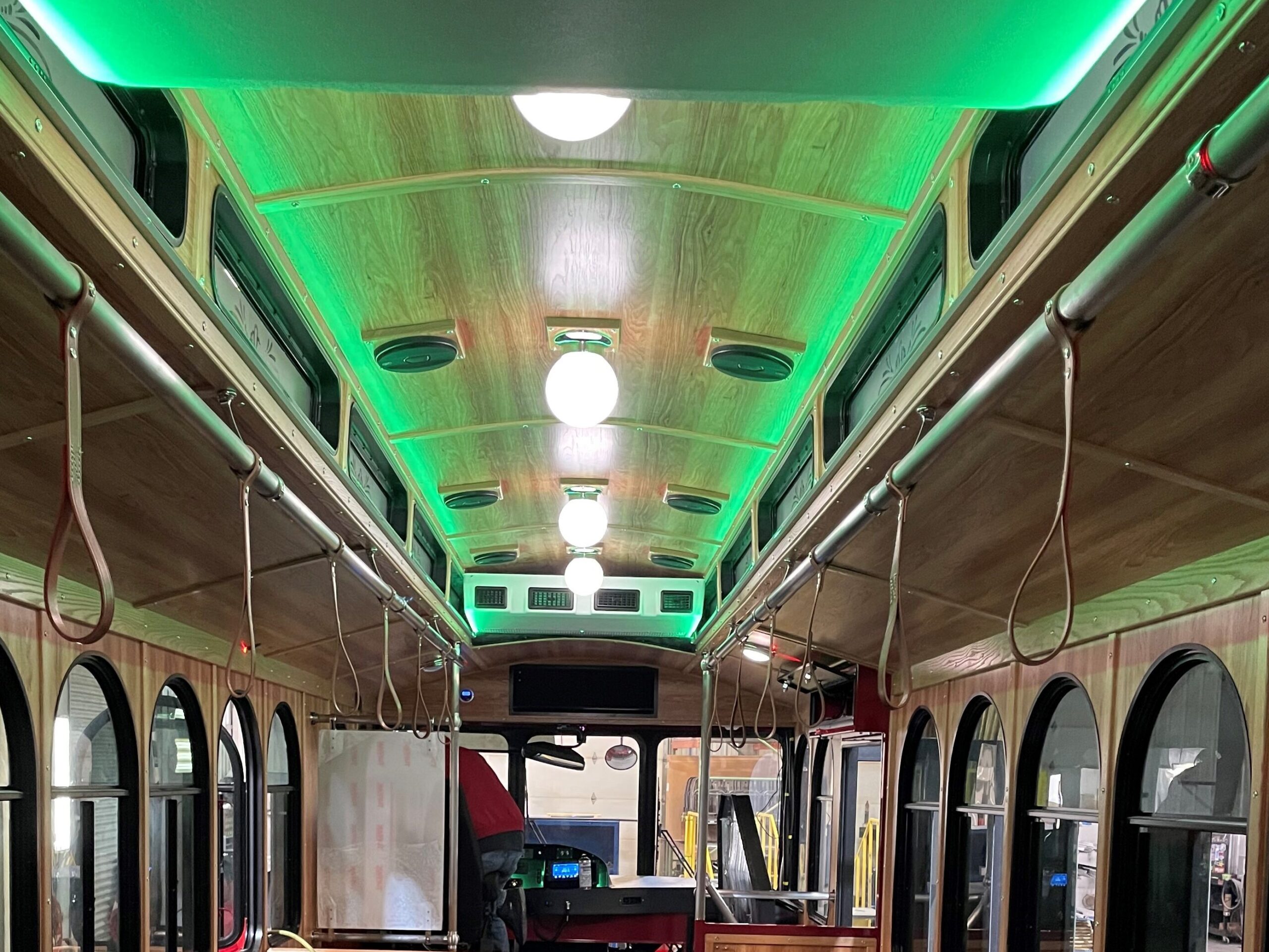 Image of the colored lights in the new Yokl Trolley for guests