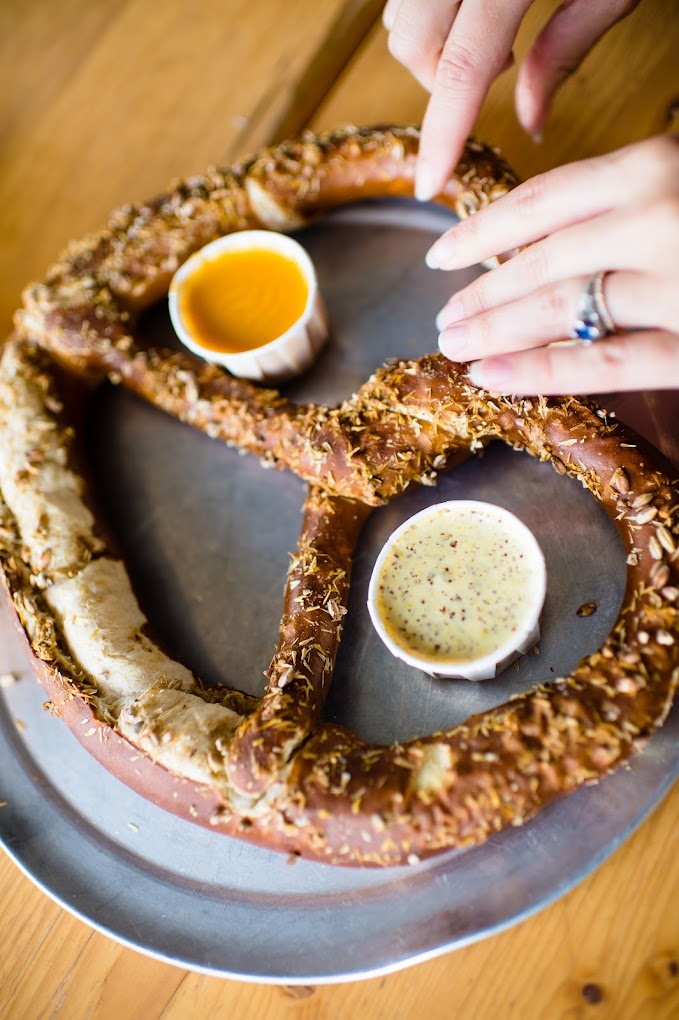 Photo of soft pretzels--very large plate-sized, at Tröegs Brewery in Hershey