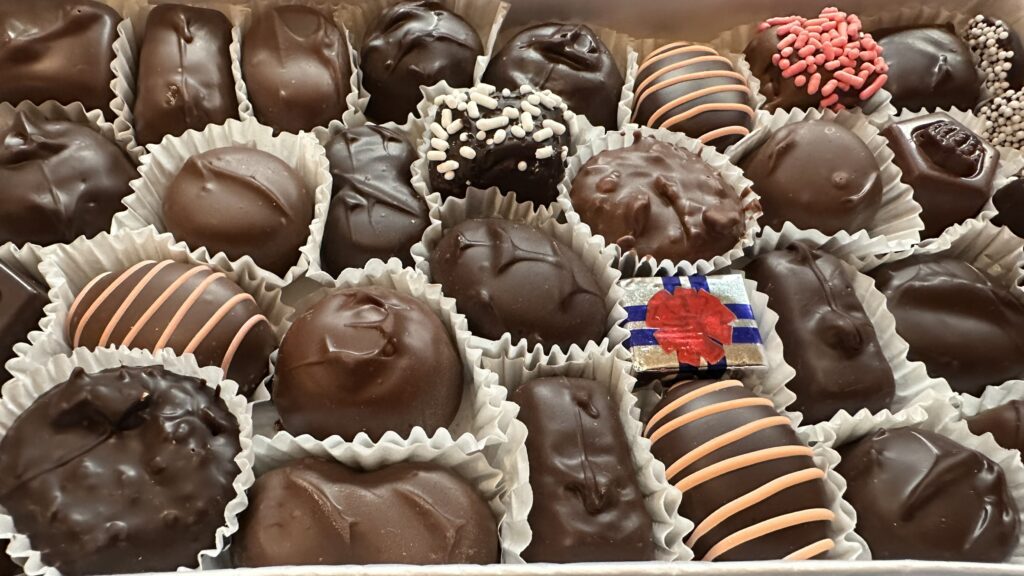 Chocolate candies in a box at Wertz Candies.
